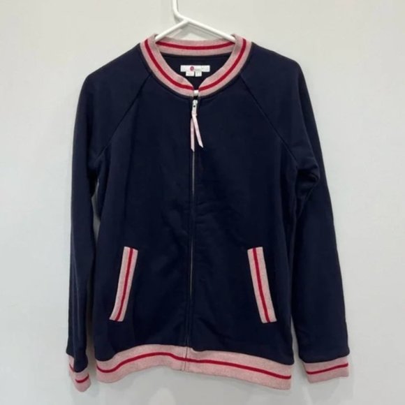 Boden Whitstable Navy Pink Striped Jersey Bomber Jacket Full Zip Size 8 - Picture 2 of 6